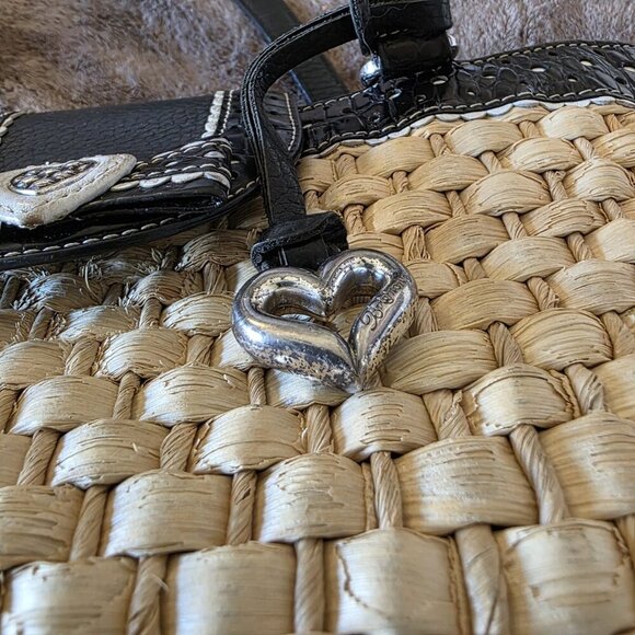 Brighton Straw & Black Leather Woven Tote Bag Heart Charm Polka Dot Trim Purse - Picture 9 of 16